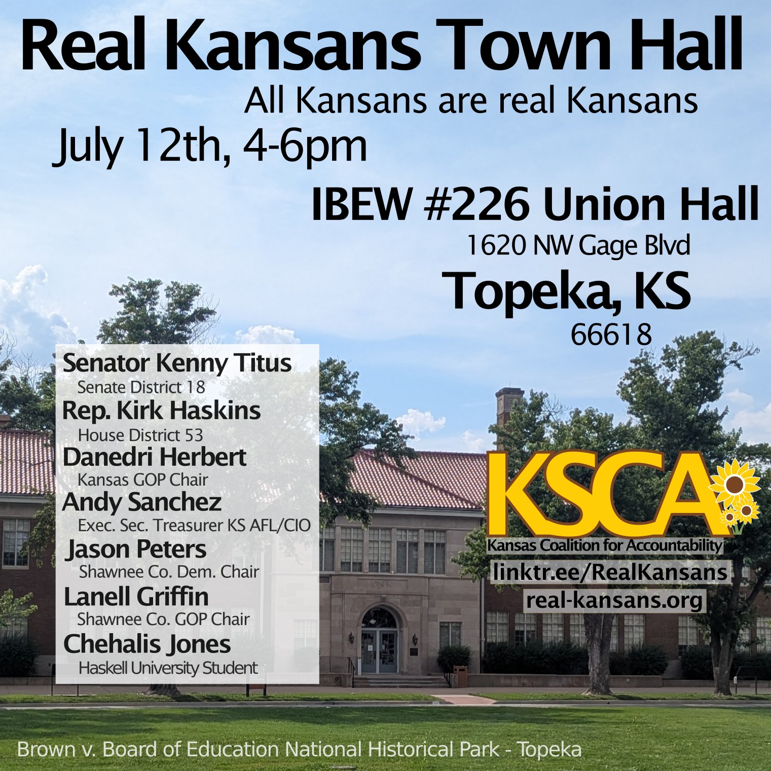 Topeka Town Hall - 12 July 2025 at the IBEW #226 Union Hall, 1620 NW Gage Blvd, Topeka, Kansas. Panelists include: Senator Kenny Titus, Senate District 18; Rep. Kirk Haskins, House District 53; Danedri Herbert, Kansas GOP Chair; Andy Sanchez, Executive Secretary Treasurer of the Kansas AFL-CIO; Jason Peters, Shawnee County Democratic Chair; Lanell Griffin, Shawnee County GOP Chair; Chehalis Jones, Haskell University Student